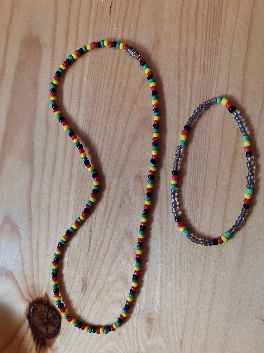 2 Pk - Beaded Necklace and Bracelet - Red, Yellow, Green, Black